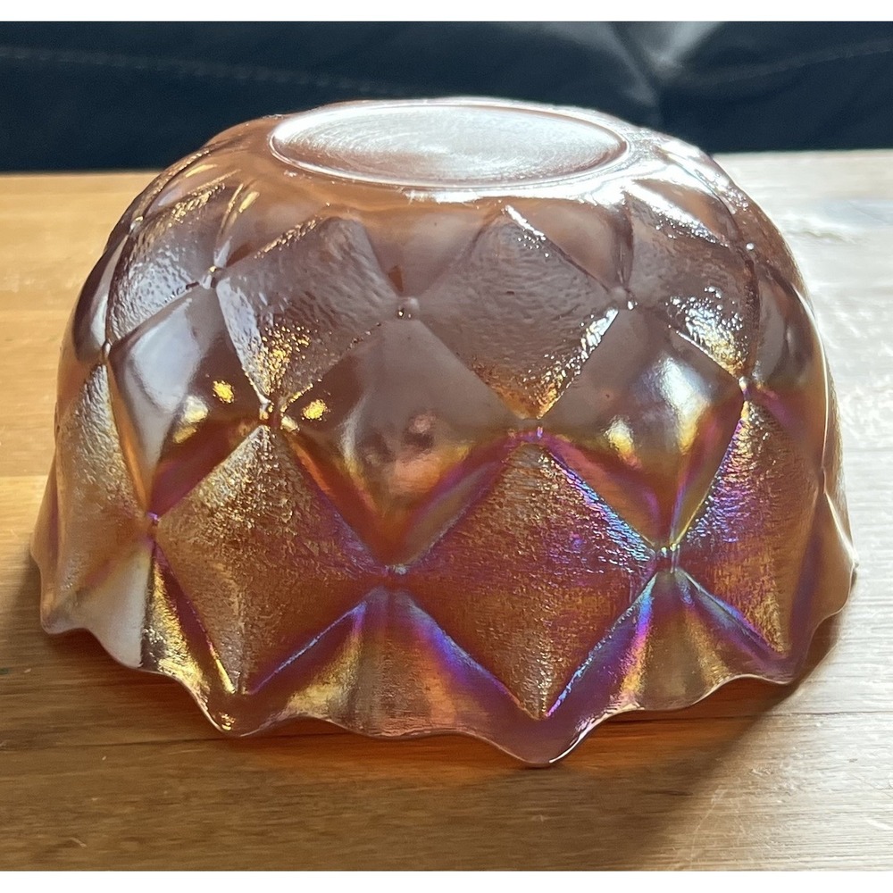 Vintage Marigold Carnival Glass Diamond Quilt‎ Pattern Bowl with Ruffled Edge